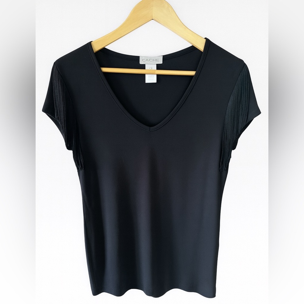 Cache fringe jersey black v-Neck Top shirt - Picture 5 of 8